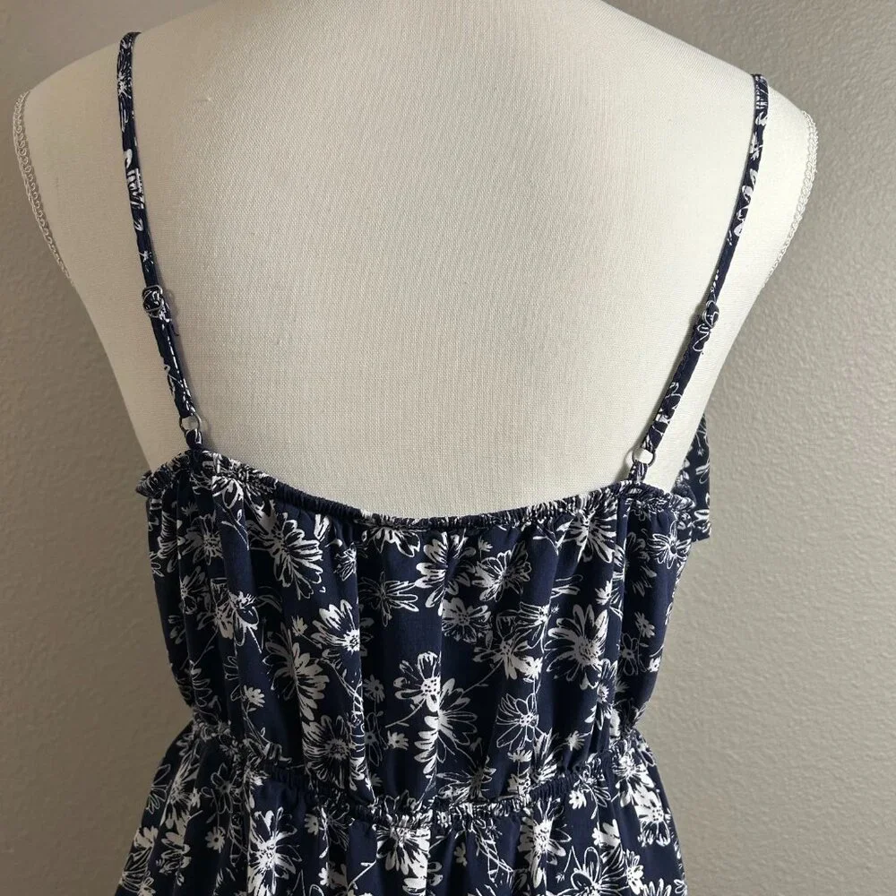 Women's Spring and Summer Navy Blue and White Printed Floral Dress with Ruffle